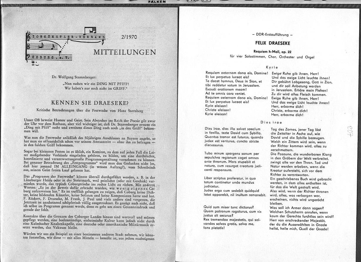 Felix Draeseke, Requiem h-moll, op. 22 (DDR Erstauffuhrung - Feb 1970); Hans Sternberg: Kennen Sie Draeseke? Kritische Betrachtung