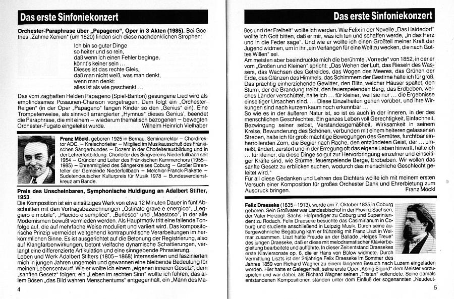 Programmheft Landestheater Coburg: Erste Sinfoniekonzert (14 Okt 1985): Hans Sternberg - Kleine Symphonie im klassischen Stil; Franz Möckl- Symphonische Huldigung an Adalbert Stifter; Wilhelm Heinrich Vielhaber - Orchester-Paraphrase über "Papageno"; Felix Draeseke - Symphonia tragica op. 40 (Orchester des Landestheaters, GMD Paul Theissen)