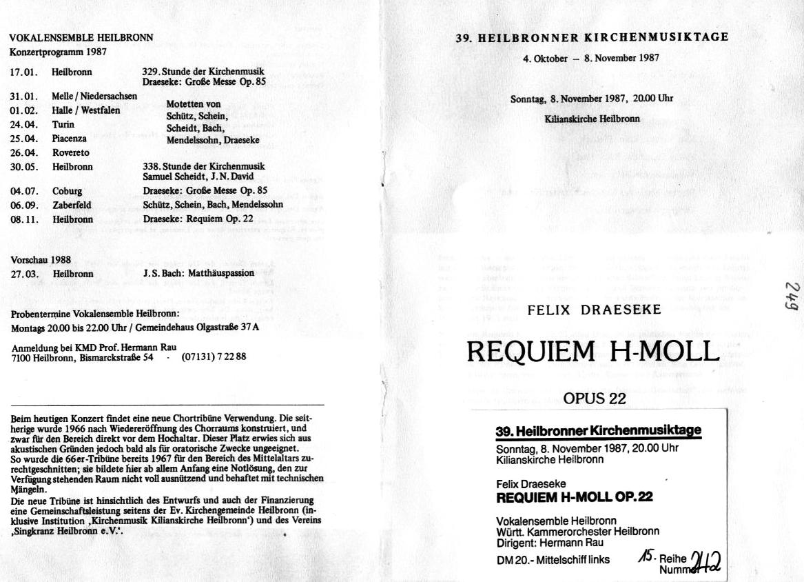 Draeseke Requiem in H-moll am 4 October 1987 in Heilbronn - Kilianskirche (8 Nov 1987, Württenberg Kammerorchestra Heilbronn, Hermann Rau) 