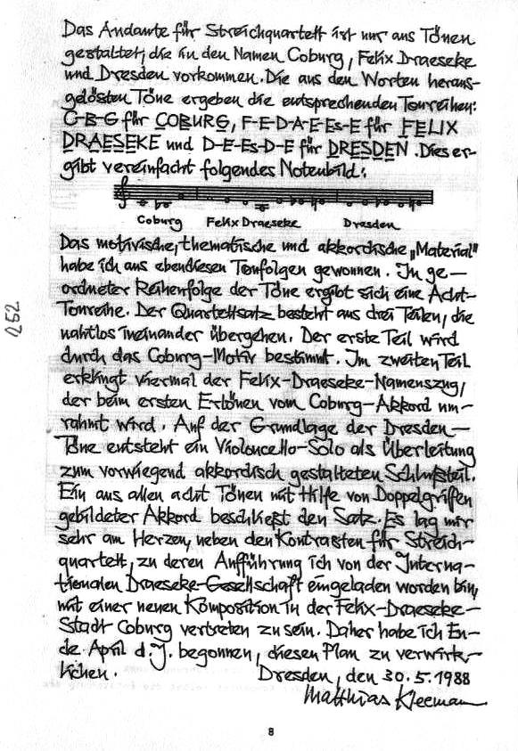 Programm - Coburger Schlosskonzert 19 Jun 1988: Haydn - Quinten-Quartett; Matthias Kleemann - Kontraste für Streichquartett (1975); Felix Draeseke - Quartett nr. 3 cis-moll op 66. Dresedener Streichquartett