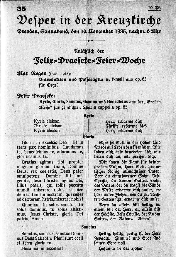 Kreuzkirche Dresden: Vesper in der Kreuzkirche. Draeseke - Große Messe op. 85, Reger - Introduction and Passacaglia in f - Dresden 16 Nov 1935