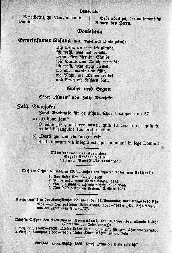 Kreuzkirche Dresden: Vesper in der Kreuzkirche. Draeseke - Große Messe op. 85, Reger - Introduction and Passacaglia in f - Dresden 16 Nov 1935