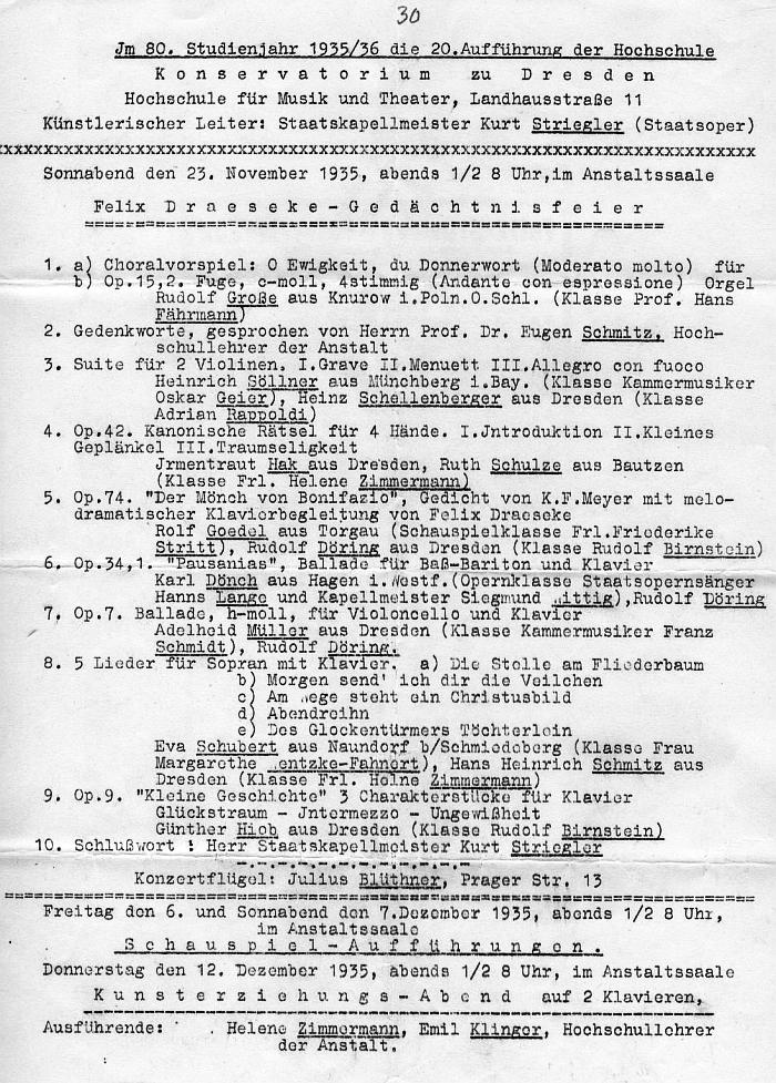 Konservatorium zu Dresden - Hochschule für Musik und Theater: Felix Draeseke-Gedächtnisfeier 23 Nov 1935