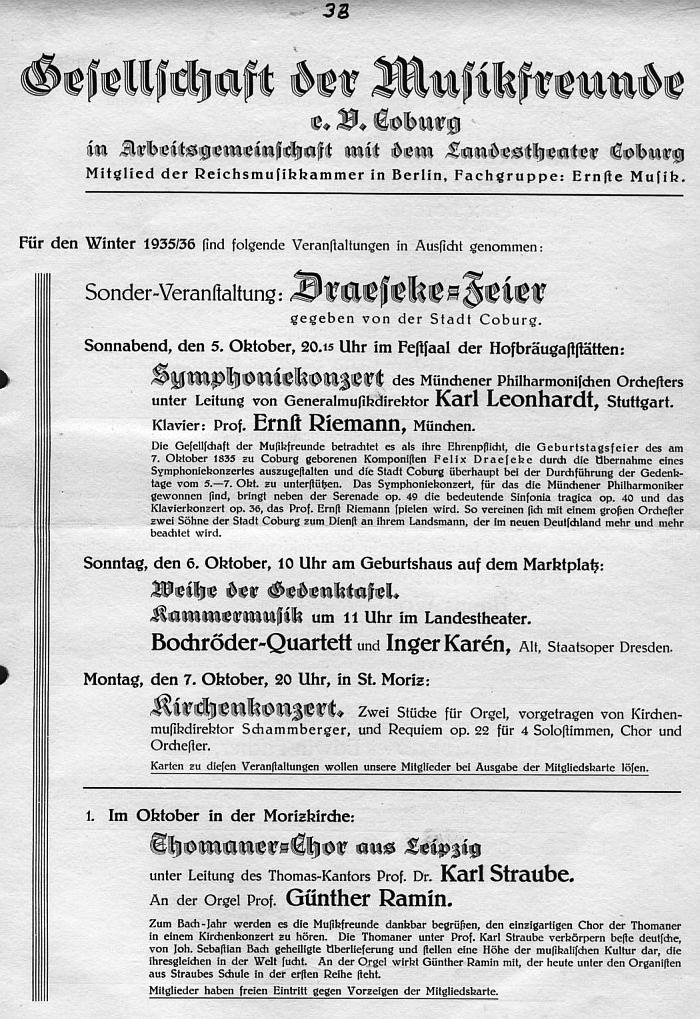 Gesellschaft der Musikfreunde Coburg: Veranstaltungen Winter 1935-1936; Draeseke-Feier 100. Geb. Sept 1935-Feb 1936