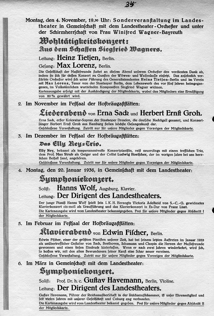 Gesellschaft der Musikfreunde Coburg: Veranstaltungen Winter 1935-1936; Draeseke-Feier 100. Geb. Sept 1935-Feb 1936