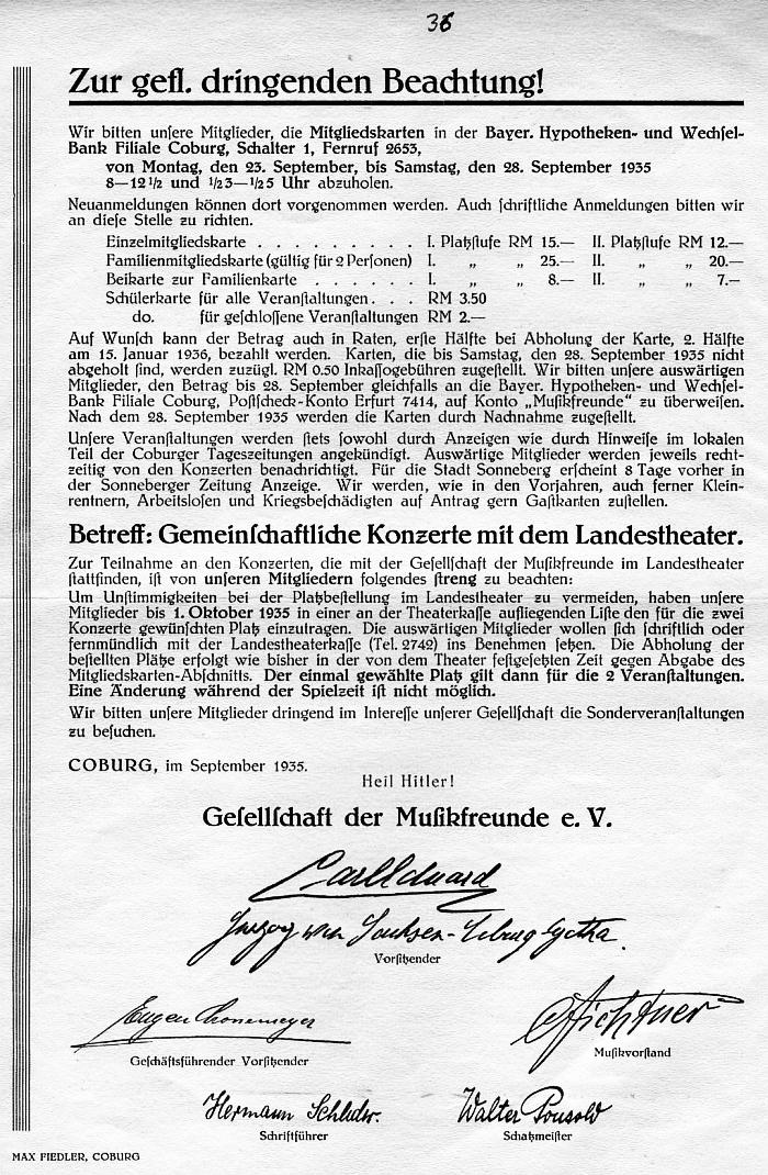 Gesellschaft der Musikfreunde Coburg: Veranstaltungen Winter 1935-1936; Draeseke-Feier 100. Geb. Sept 1935-Feb 1936