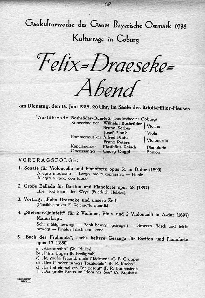 Gaukulturwoche des Gaues Bayerische Ostmark - Kulturtage in Coburg - Saal des Adolf Hitler-Haußes: Felix-Draeseke-Abend (Stelzner Quintett, Sonata für Violon Cello, Große Ballade, Buch des Frohmuts) Bochröder-Quartett - 14 Jun 1938