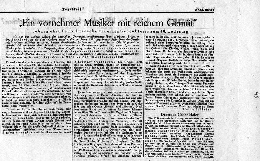 Rathaussaal Coburg - Gesellschaft Musikfr. Coburg 40. Todestag Draeseke (Quintett op 68; Trauer und Trost op 24; Quartett nr 3 op 66) Coburg - 19 Mär 1953