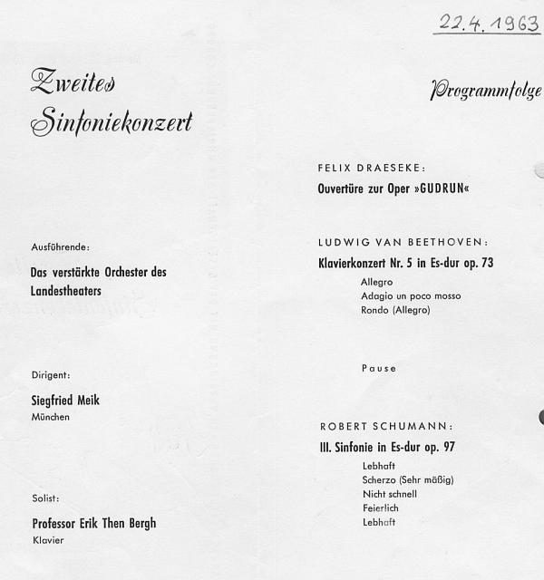 Landestheater Coburg: Sinfoniekonzert: Draeseke (Gudrun Ouv.), Beethoven, Schumann (Orchester des Landestheaters, Siegfried Meik) Coburg - 22 Apr 1963