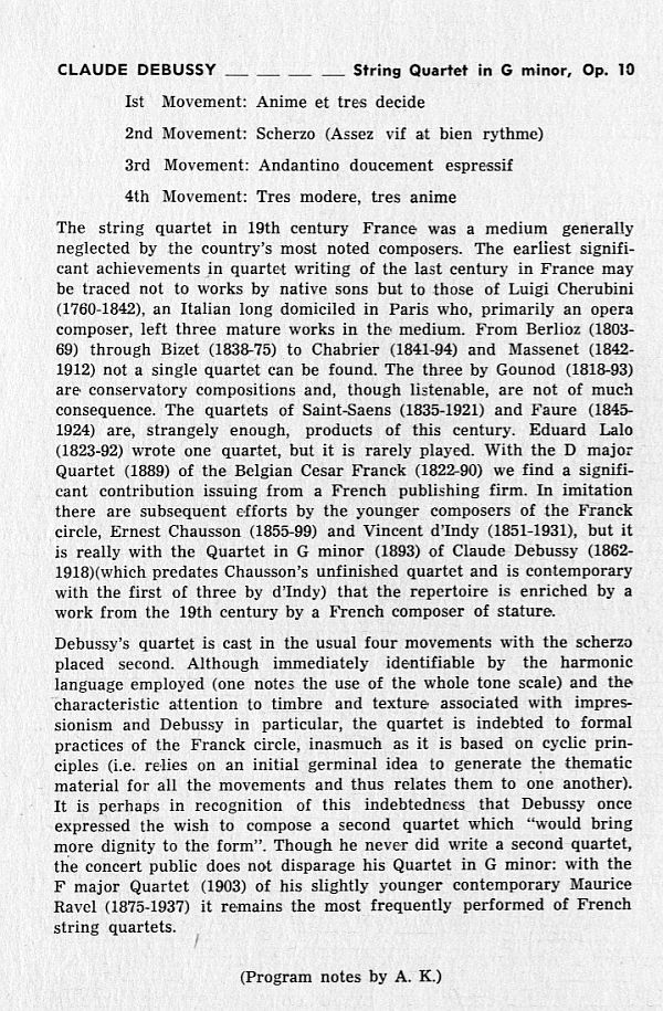 Program: Pro Arte String Quartet of Pittsburgh - Haydn, String Quartet in C "Emperor"; Draeseke, String Quartet nr 1 in c op 27; Debussy, String Quartet in g (California, PA. 25 Mar 1971) 