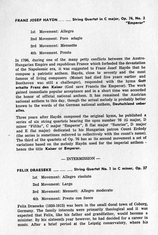 Program: Pro Arte String Quartet of Pittsburgh - Haydn, String Quartet in C "Emperor"; Draeseke, String Quartet nr 1 in c op 27; Debussy, String Quartet in g (California, PA. 25 Mar 1971) 