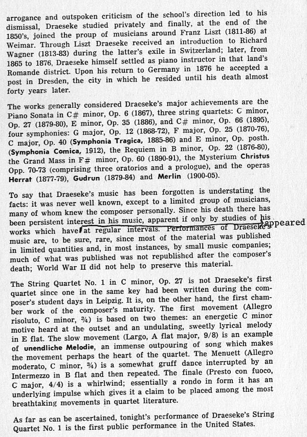 Program: Pro Arte String Quartet of Pittsburgh - Haydn, String Quartet in C "Emperor"; Draeseke, String Quartet nr 1 in c op 27; Debussy, String Quartet in g (California, PA. 25 Mar 1971) 