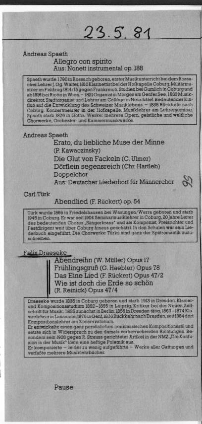 Jubiläumskonzert 60 J. Sängerkranz Coburg: Draeseke Lieder - Coburg, 23 May 1981 