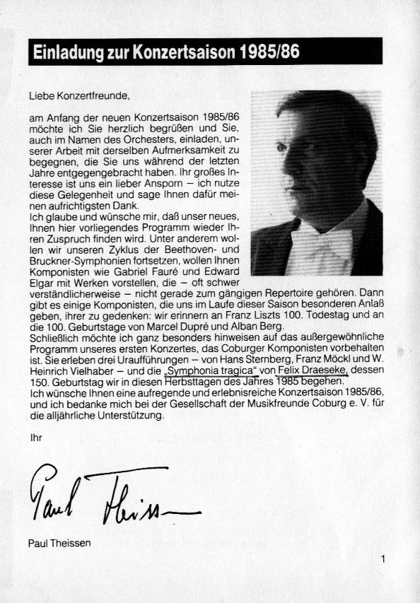 Programmheft Landestheater Coburg: Erste Sinfoniekonzert (14 Okt 1985): Hans Sternberg - Kleine Symphonie im klassischen Stil; Franz Möckl- Symphonische Huldigung an Adalbert Stifter; Wilhelm Heinrich Vielhaber - Orchester-Paraphrase über "Papageno"; Felix Draeseke - Symphonia tragica op. 40 (Orchester des Landestheaters, GMD Paul Theissen)