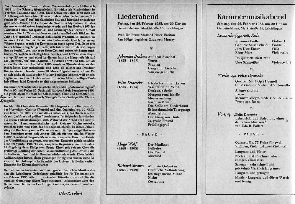 Gemeidesaal, Evagelische Kirche, Katholische Kirche Leichlingen: Felix Draeseke-Gedenktage (Kantorei Leichlingen, Haas, Follert, Leonardo Quartett) Leichlingen - 25-27 Feb 1983