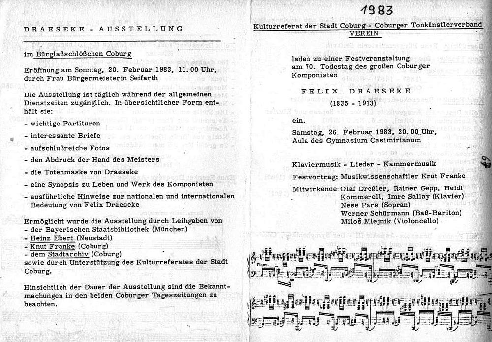 Gymnasium Casimirianum - Draeseke: Klaviermusik; Lieder; Kammermusik am 70. Todestag - Coburg 26 Feb 1983 