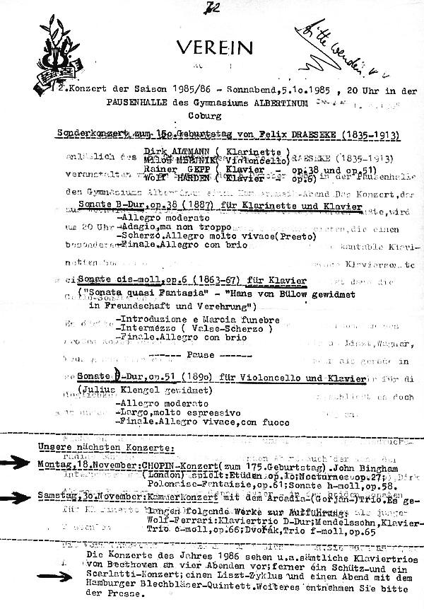 Pausenhalle des Gymnasiums Albertinum Coburg: Sonderkonzert zum 150.Geburtstag von Felix Draeseke -Verein - 5 Oct 1985