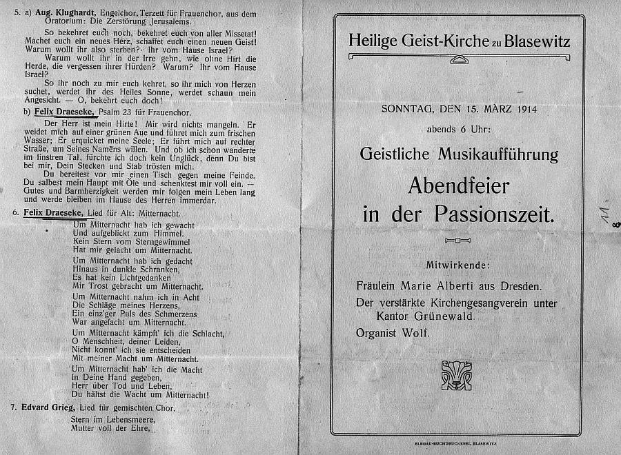 Heilige Geist-Kirche zu Blasewitz: Abendfeier in der Passionszeit. Rheinberger, CPE Bach, JS Bach, Klughardt, Draeseke (Psalm 23, für Frauenchor), Grieg - Dresden 15 Mär 1914