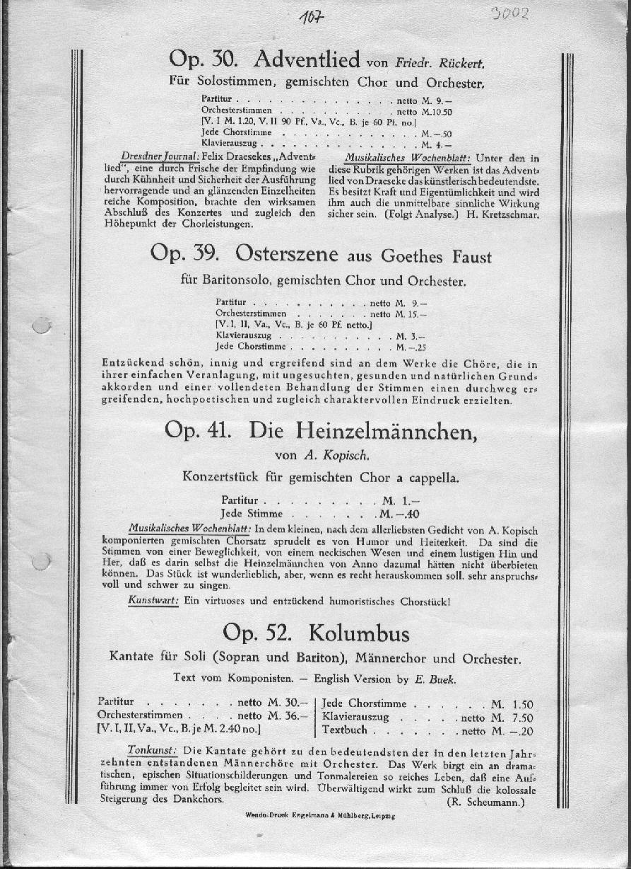 Felix Draesekes Werke im Verlag Fr. Kistner Leipzig (1935)