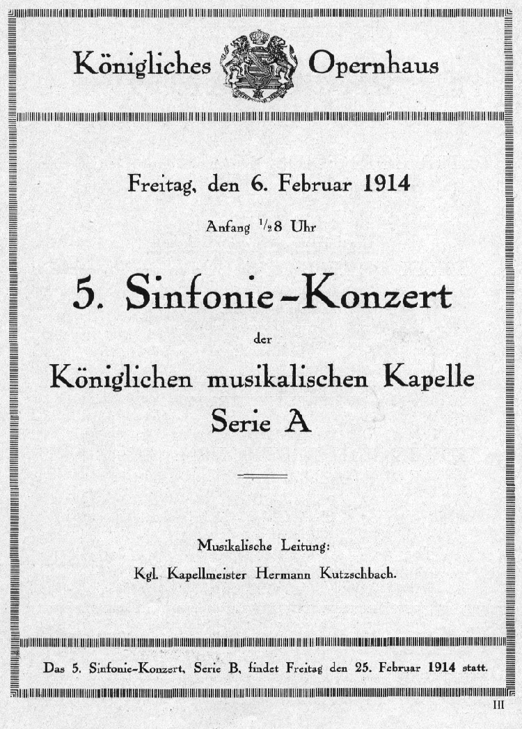 Program Booklet: Premiere Sinfonia comica, 6 Feb 1914, Hoftheater Dresden, Hermann Kutzschbach