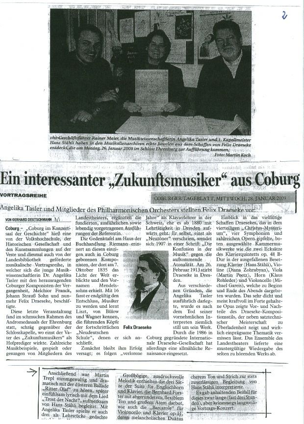 Felix Draeseke Concert: Coburg, 26 January 2009 [Coburger Tageblatt: 28 Jan 2009]